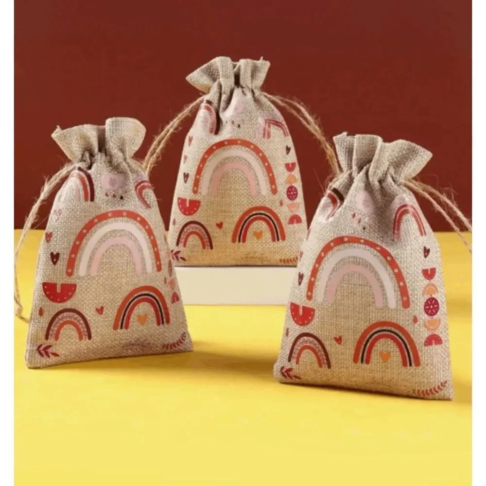 6pcs Bohemian Style Gift Bag, Rainbow Linen Treat Bag, Valentines Treat Bags